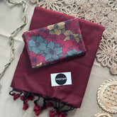 Marun Handloom Khadi Cotton Saree With White Colour Print Blouse